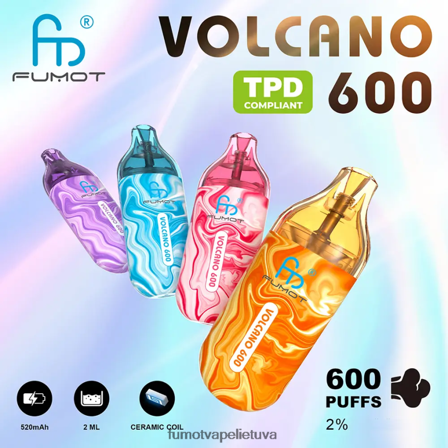 Fumot Volcano 600 tpd suderinamas vienkartinis garintuvas - 2 ml (3 dalių rinkinys) braškinis arbūzas 4F628J300 Fumot Vape Flavours