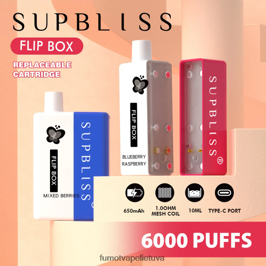 Fumot Supbliss Flip box 6000 keičiamas vape rinkinys - 10ml (1 vnt.) mėlynių aviečių 4F628J332 Fumot Vapes