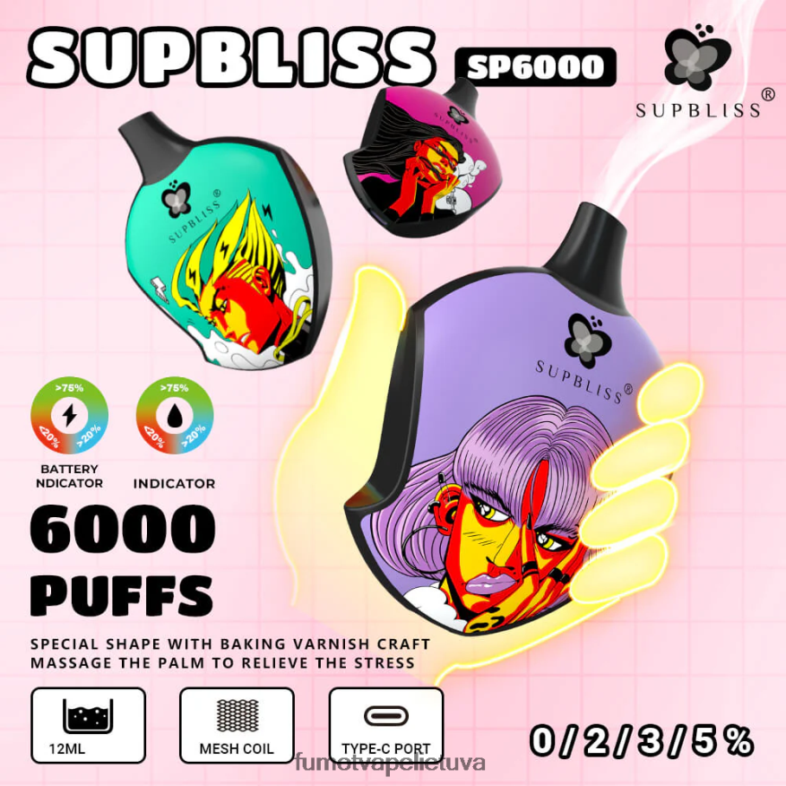 Fumot Supbliss Sp6000 vienkartinė vape pod - 12ml (1 vnt.) alavijo vynuogių 4F628J450 Fumot Vape Flavours