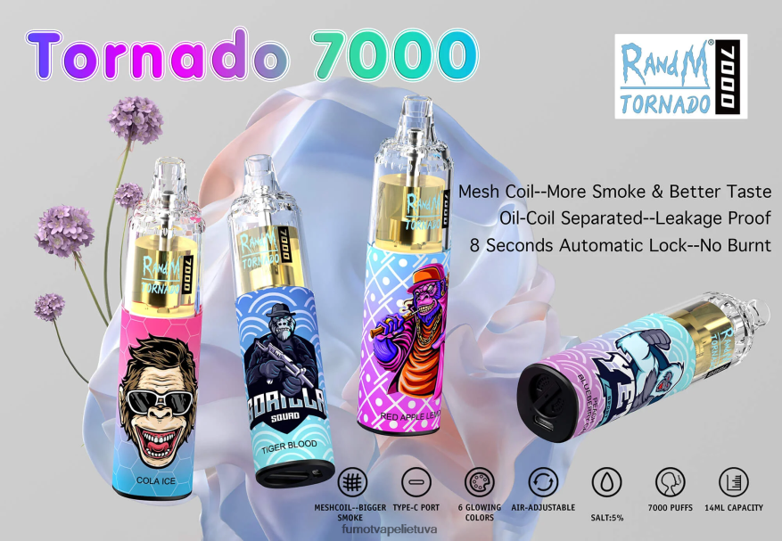 Fumot Tornado 7000 vienkartinis vape rašiklis - 14 ml (1 vnt.) persikiniai mėlynių saldainiai 4F628J86 Fumot Vape Sale